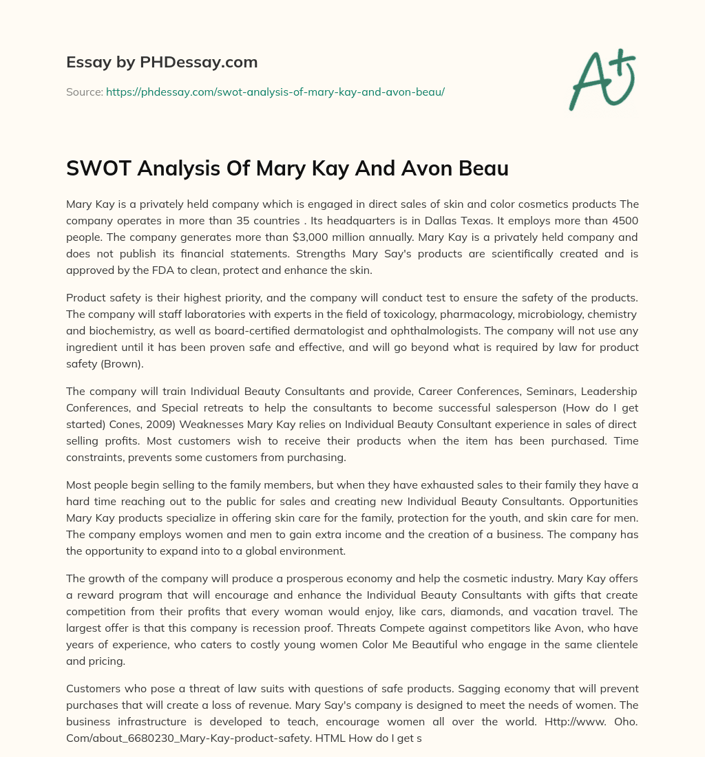 SWOT Analysis Of Mary Kay And Avon Beau essay