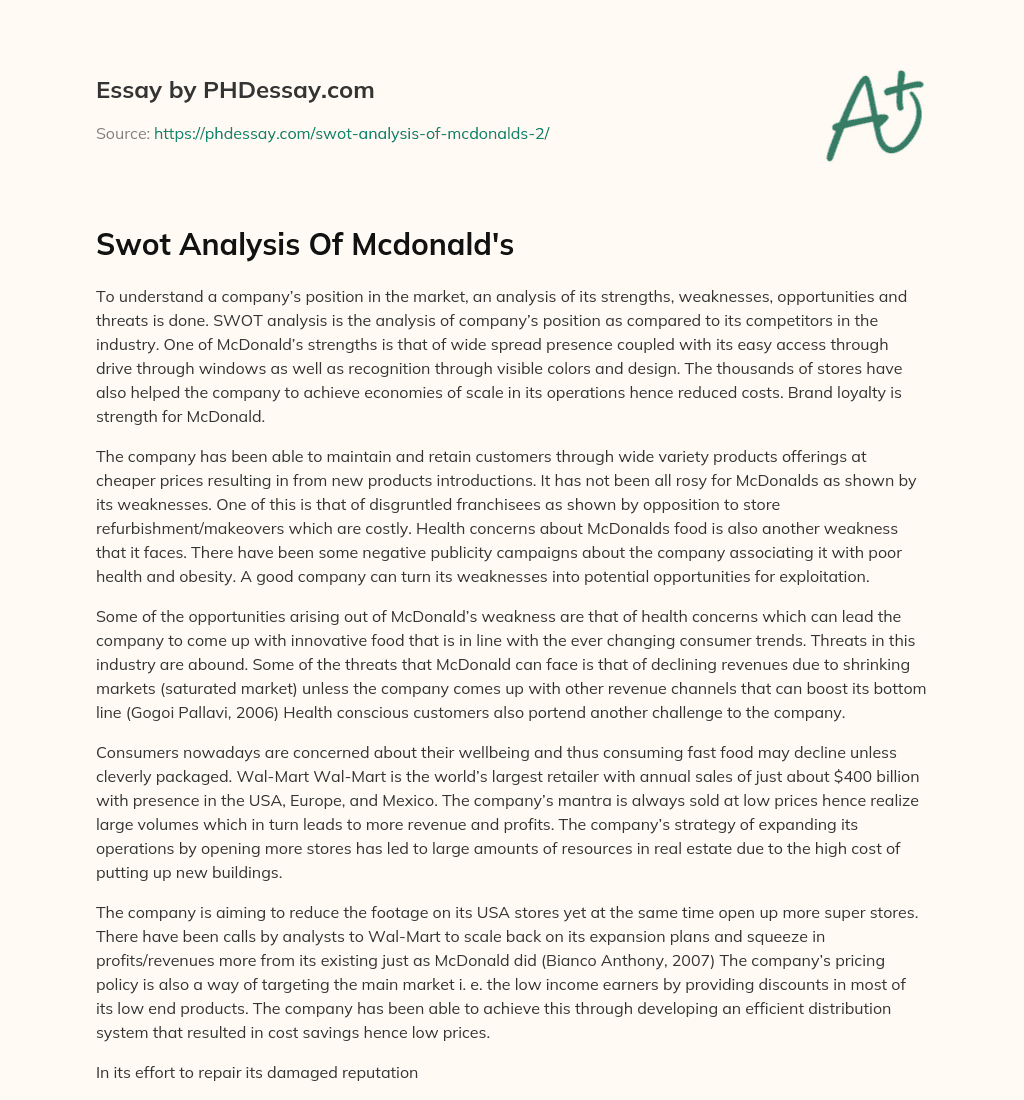 Swot Analysis Of Mcdonald’s essay
