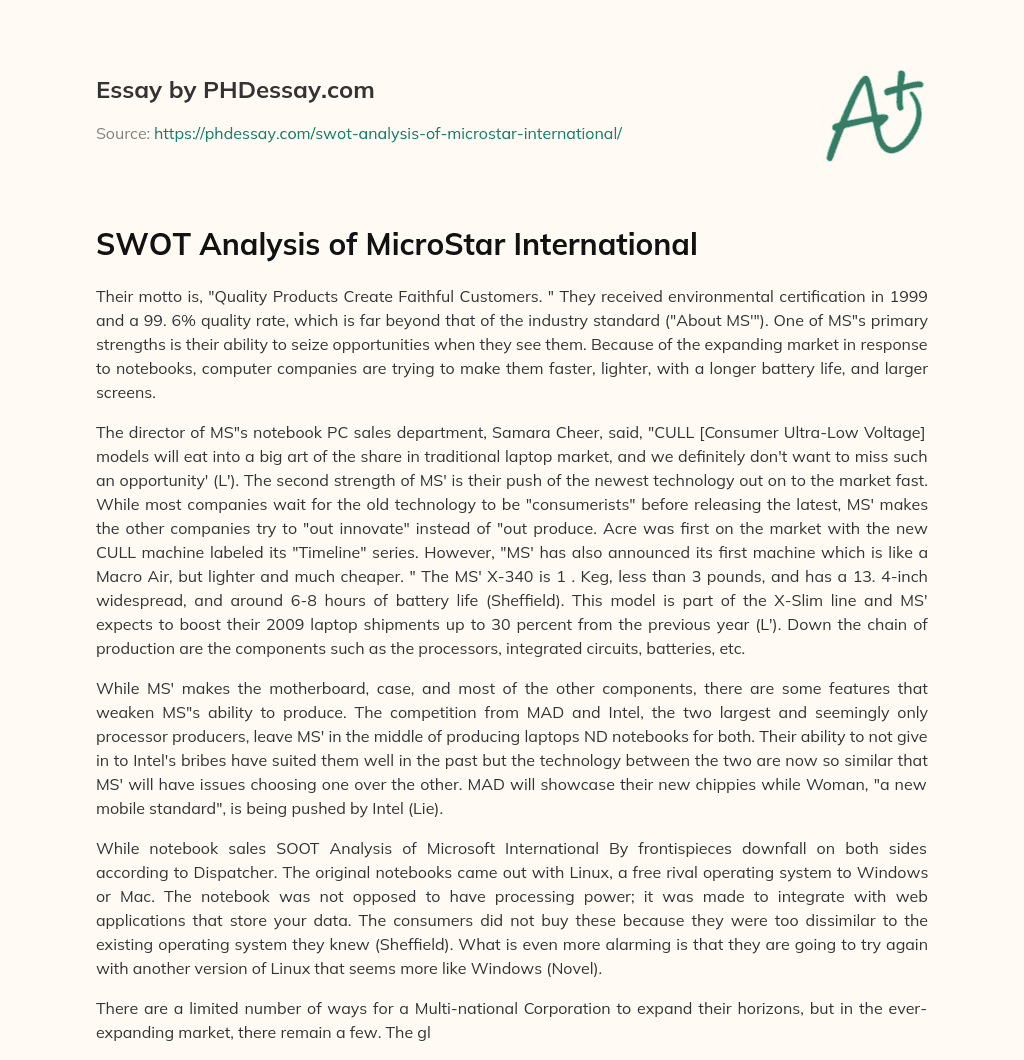 SWOT Analysis of MicroStar International essay