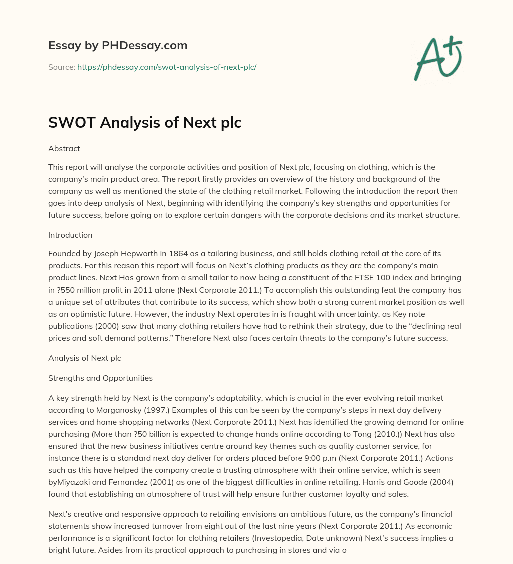 SWOT Analysis of Next plc essay