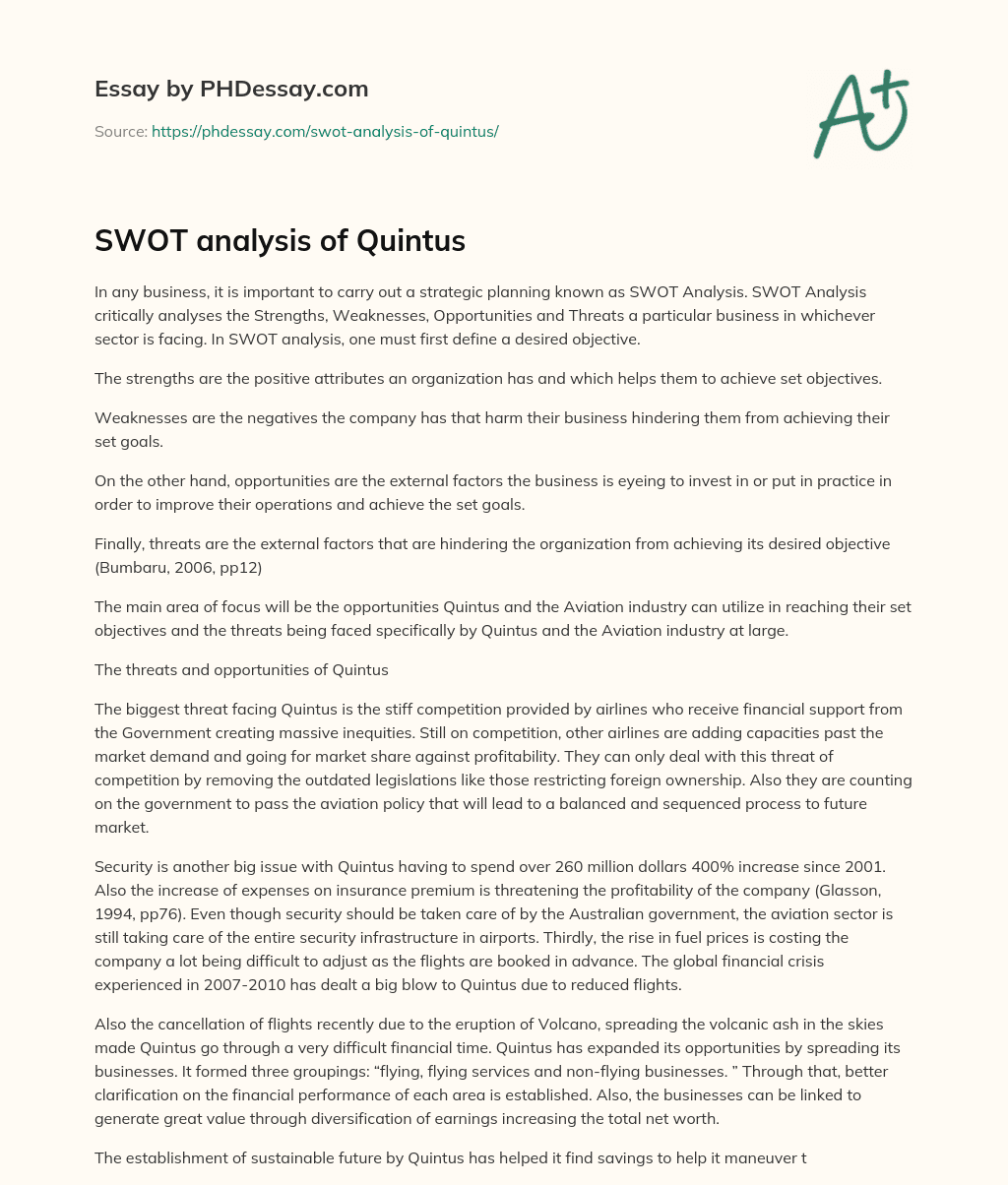 SWOT analysis of Quintus essay