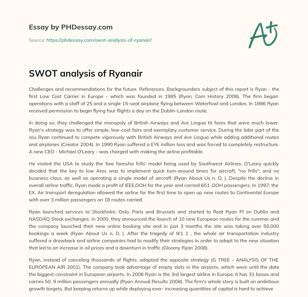 SWOT analysis of Ryanair essay