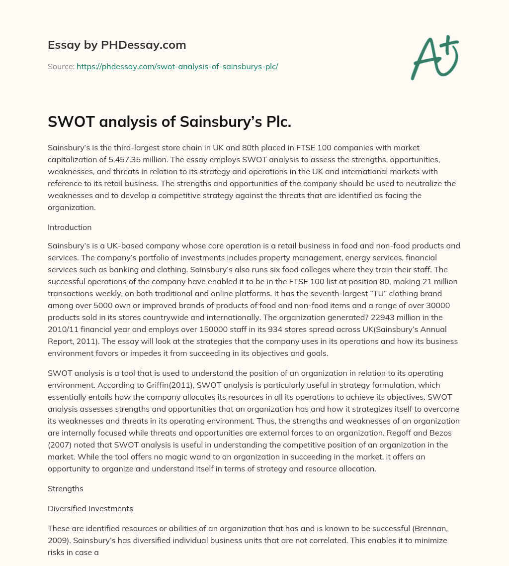 SWOT analysis of Sainsbury’s Plc. essay