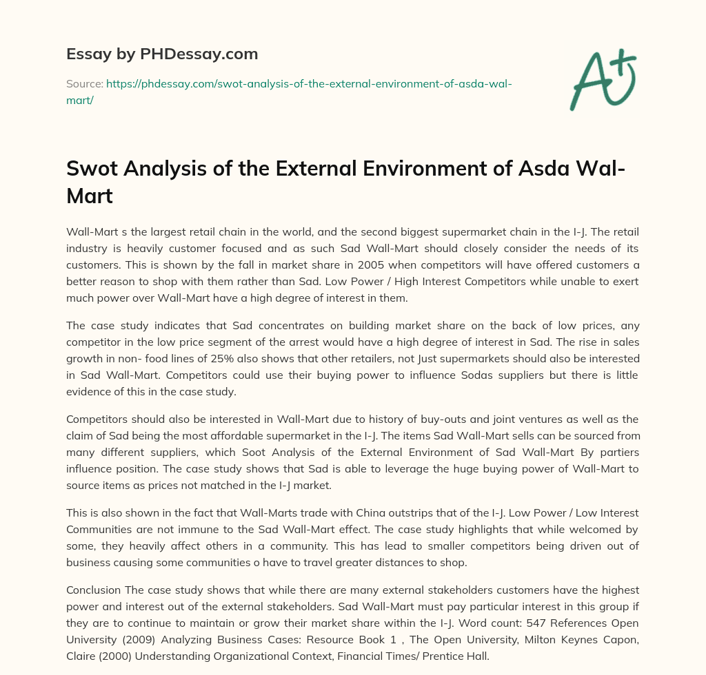 Swot Analysis of the External Environment of Asda Wal-Mart essay