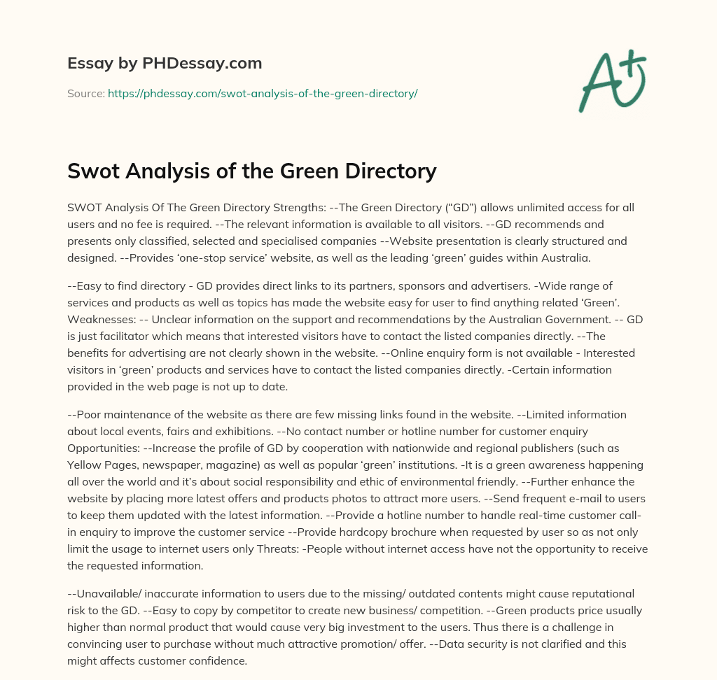 Swot Analysis of the Green Directory essay