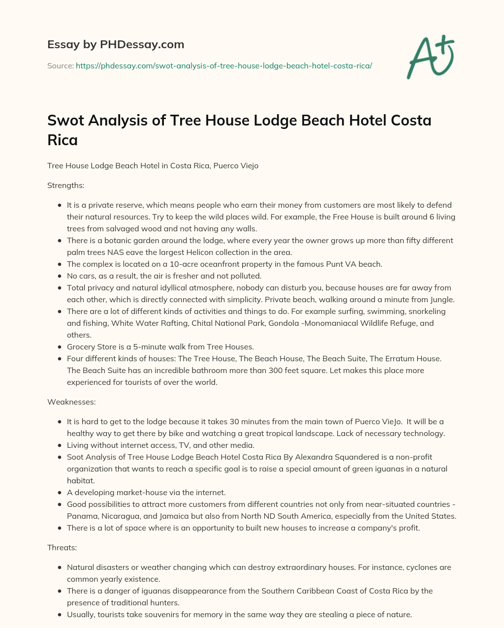 Swot Analysis of Tree House Lodge Beach Hotel Costa Rica essay