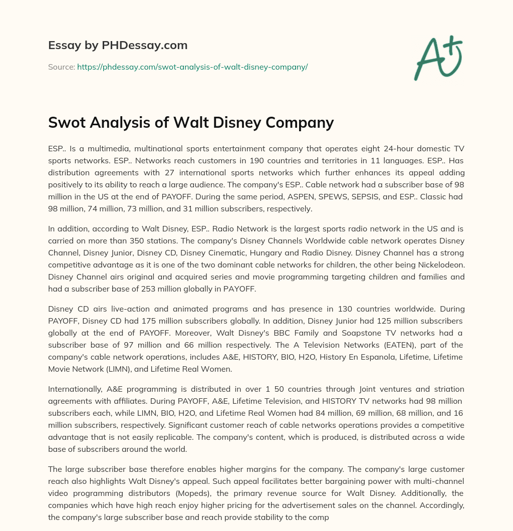 Swot Analysis of Walt Disney Company essay