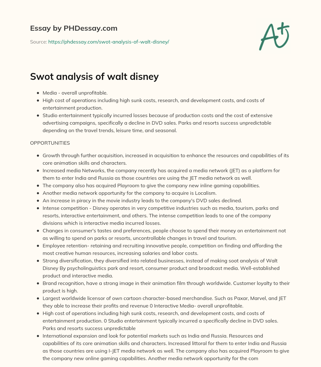Swot analysis of walt disney essay