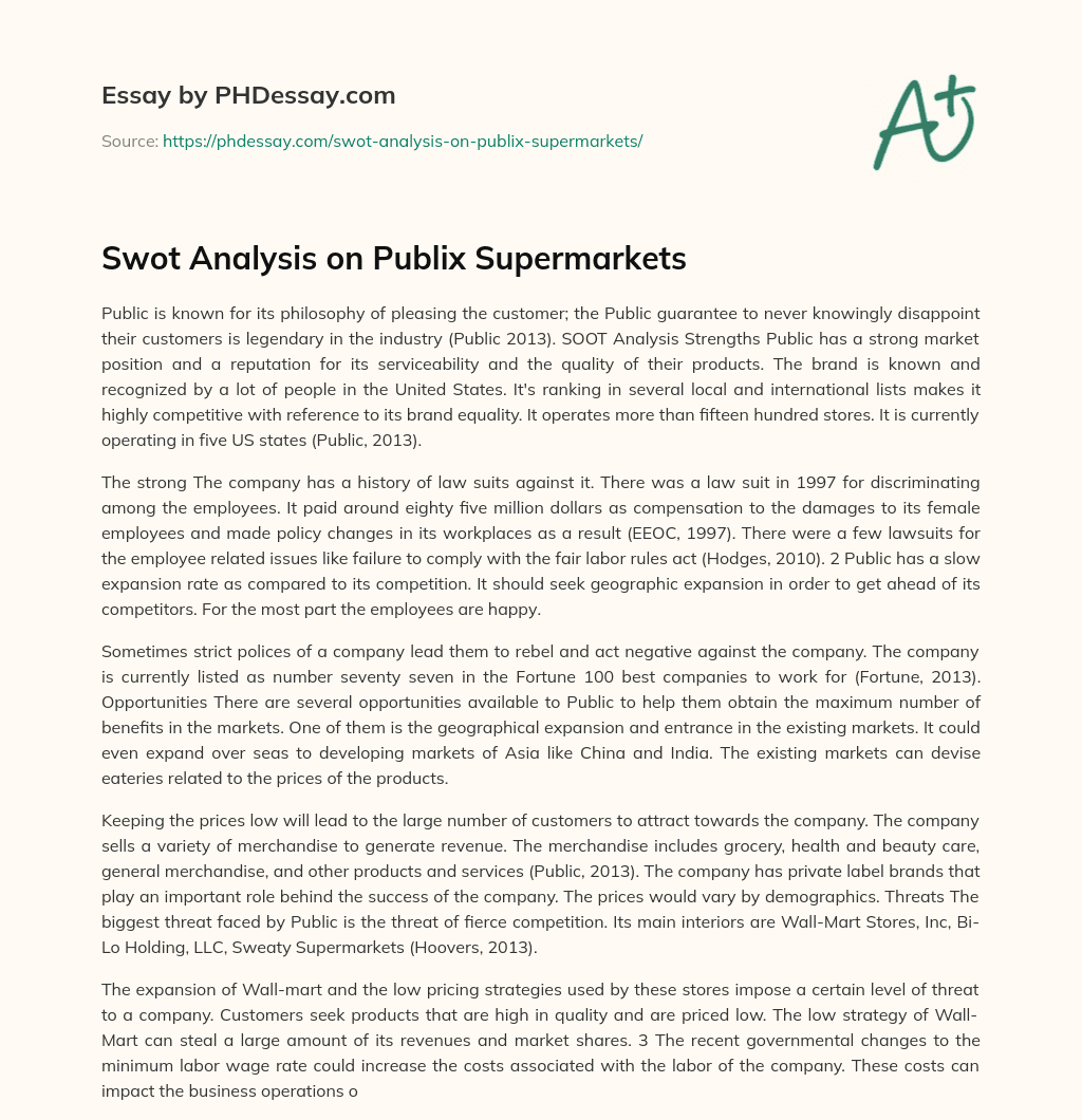 Swot Analysis on Publix Supermarkets essay