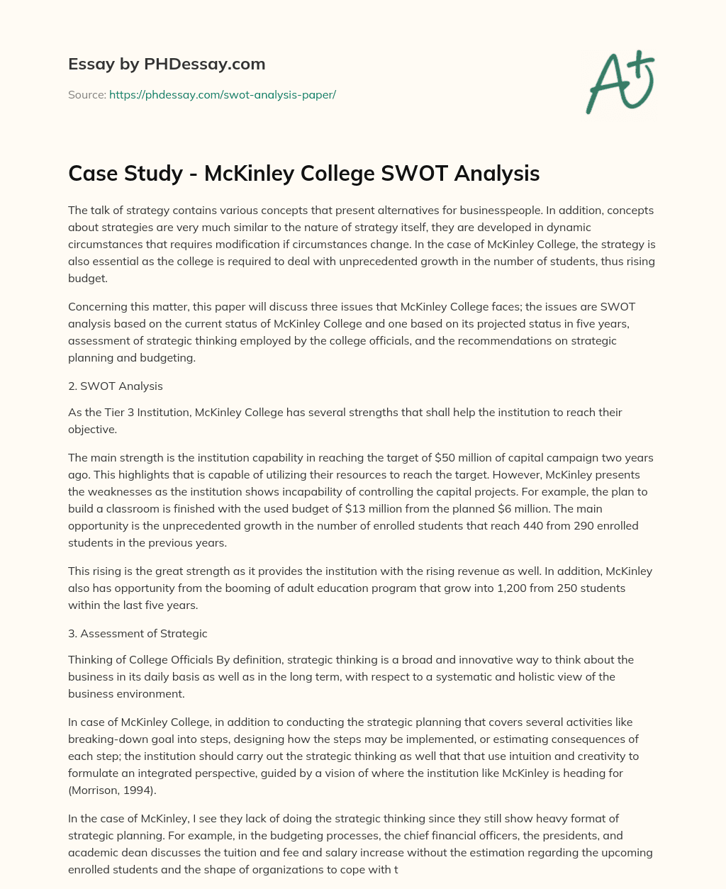 Case Study – McKinley College SWOT Analysis essay