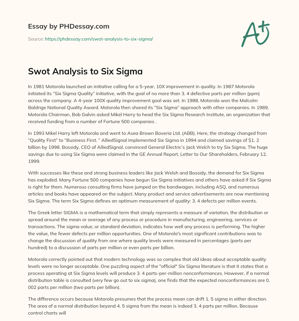 Swot Analysis to Six Sigma essay