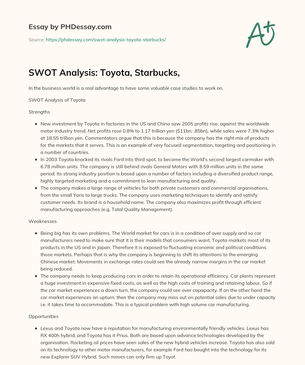 SWOT Analysis: Toyota, Starbucks, essay