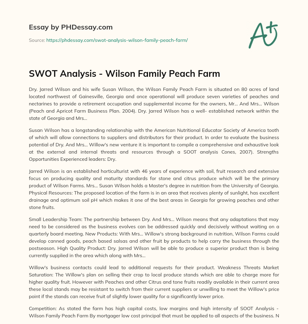 SWOT Analysis – Wilson Family Peach Farm essay