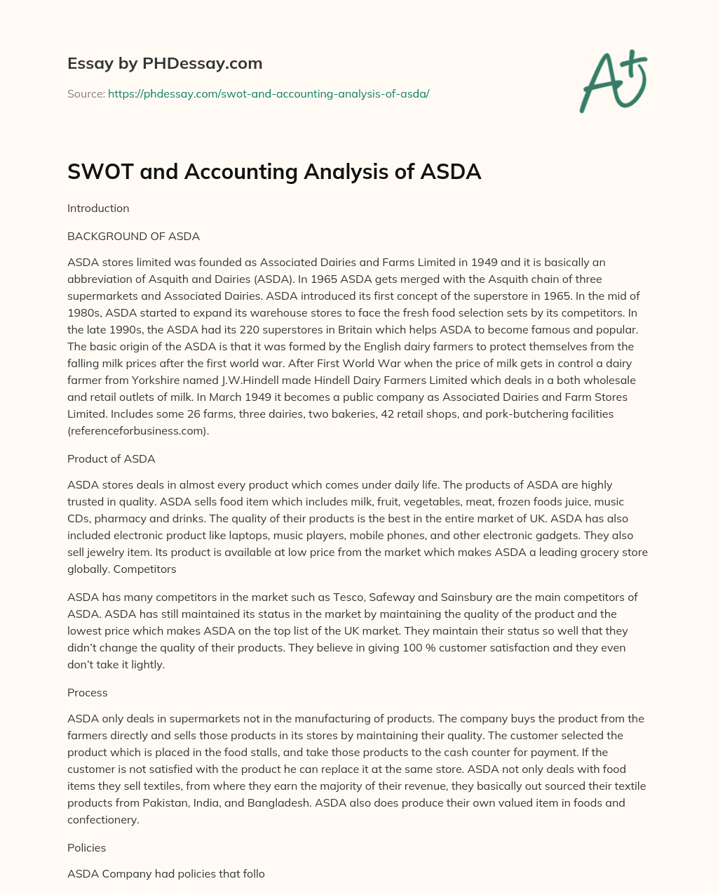 SWOT and Accounting Analysis of ASDA essay