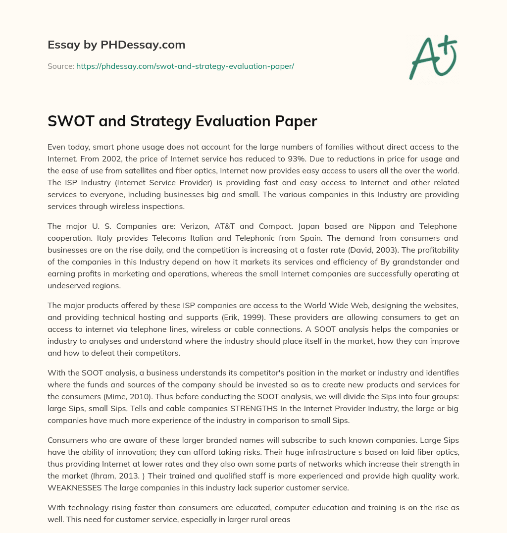 SWOT and Strategy Evaluation Paper essay