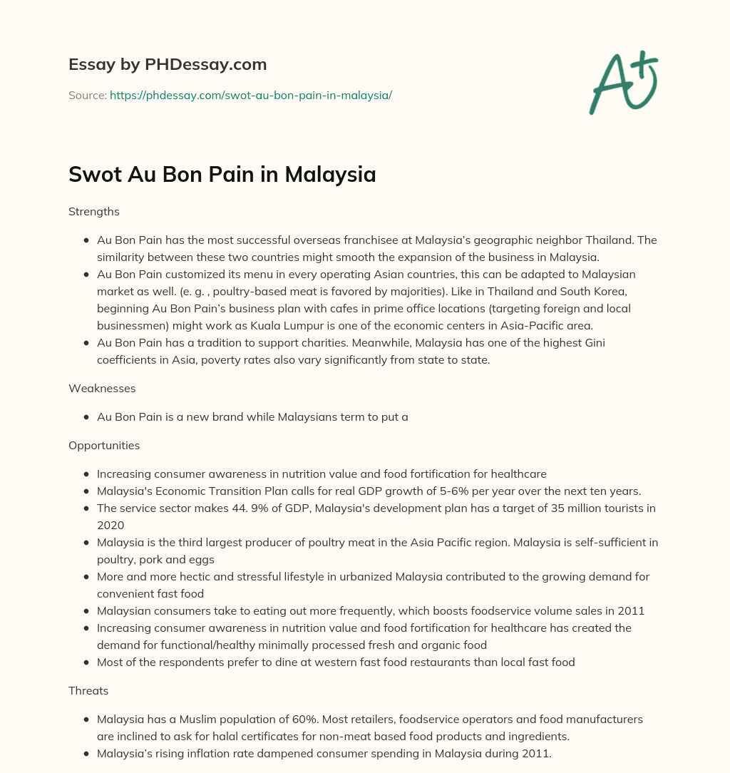 Swot Au Bon Pain in Malaysia essay