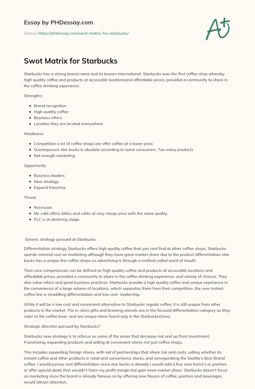 Swot Matrix for Starbucks essay