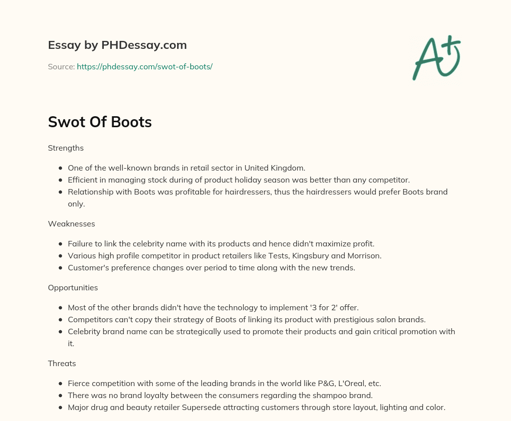 Swot Of Boots essay