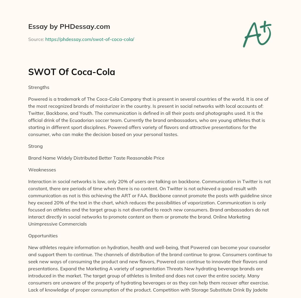 SWOT Of Coca-Cola essay