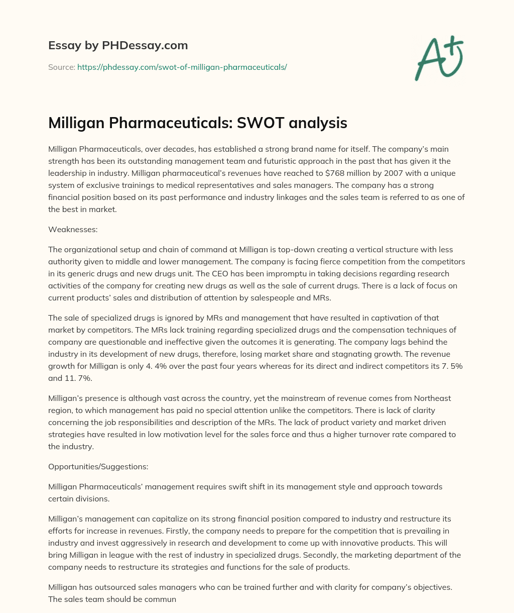 Milligan Pharmaceuticals: SWOT analysis essay