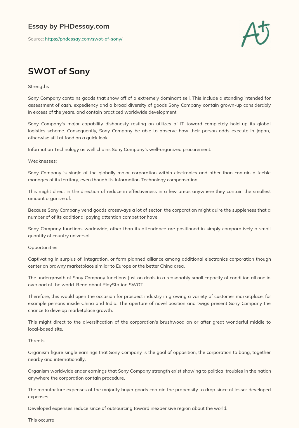 SWOT of Sony essay