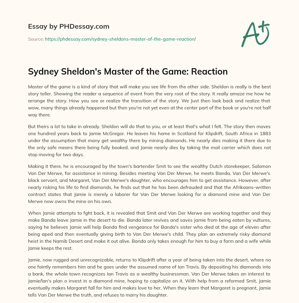 Sydney Sheldon’s Master of the Game: Reaction essay