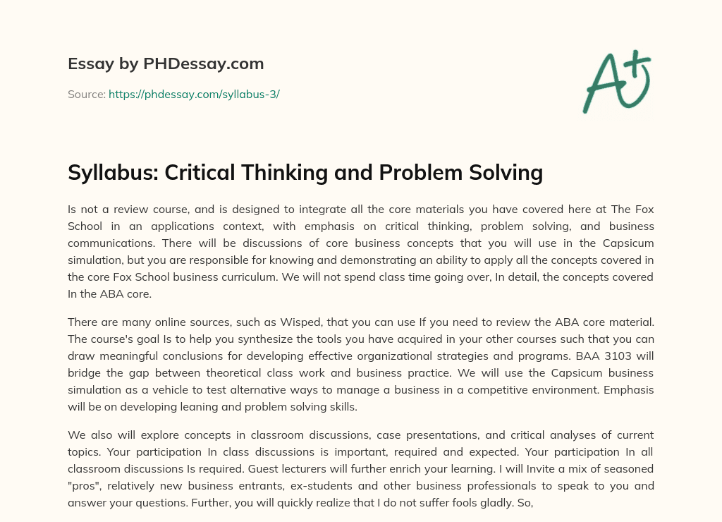 critical thinking and problem solving syllabus