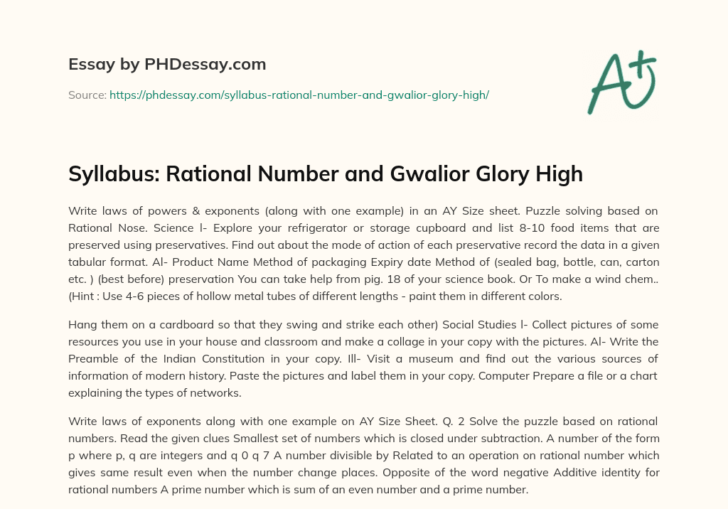 Syllabus: Rational Number and Gwalior Glory High essay