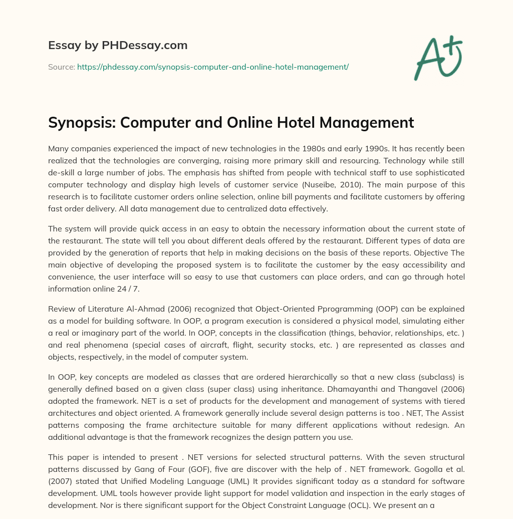 Synopsis: Computer and Online Hotel Management essay