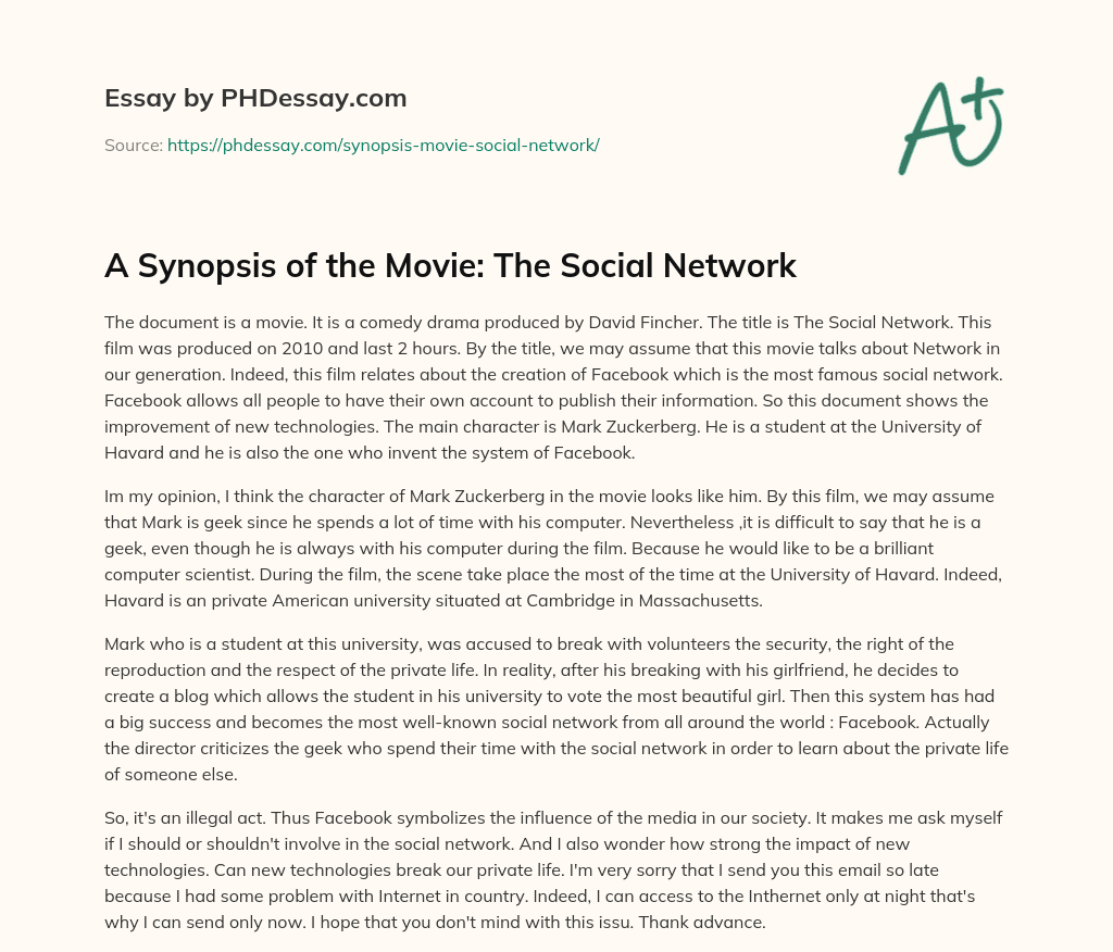 A Synopsis of the Movie: The Social Network essay