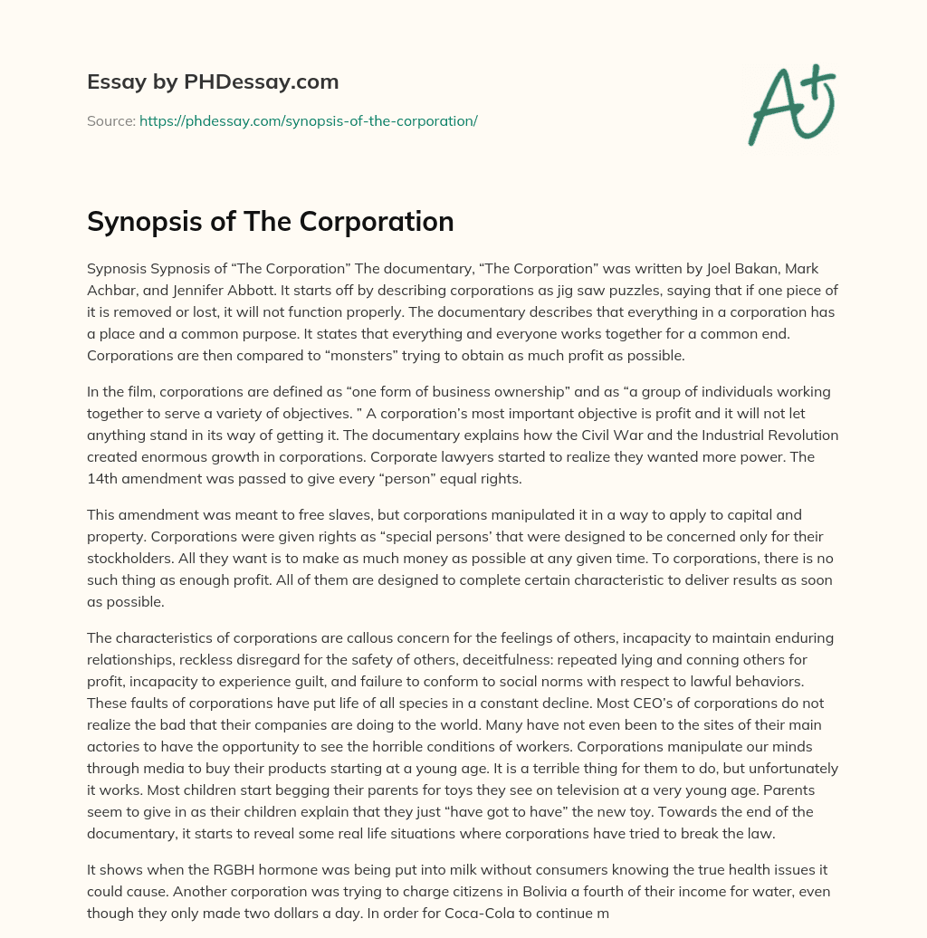 Synopsis of The Corporation essay