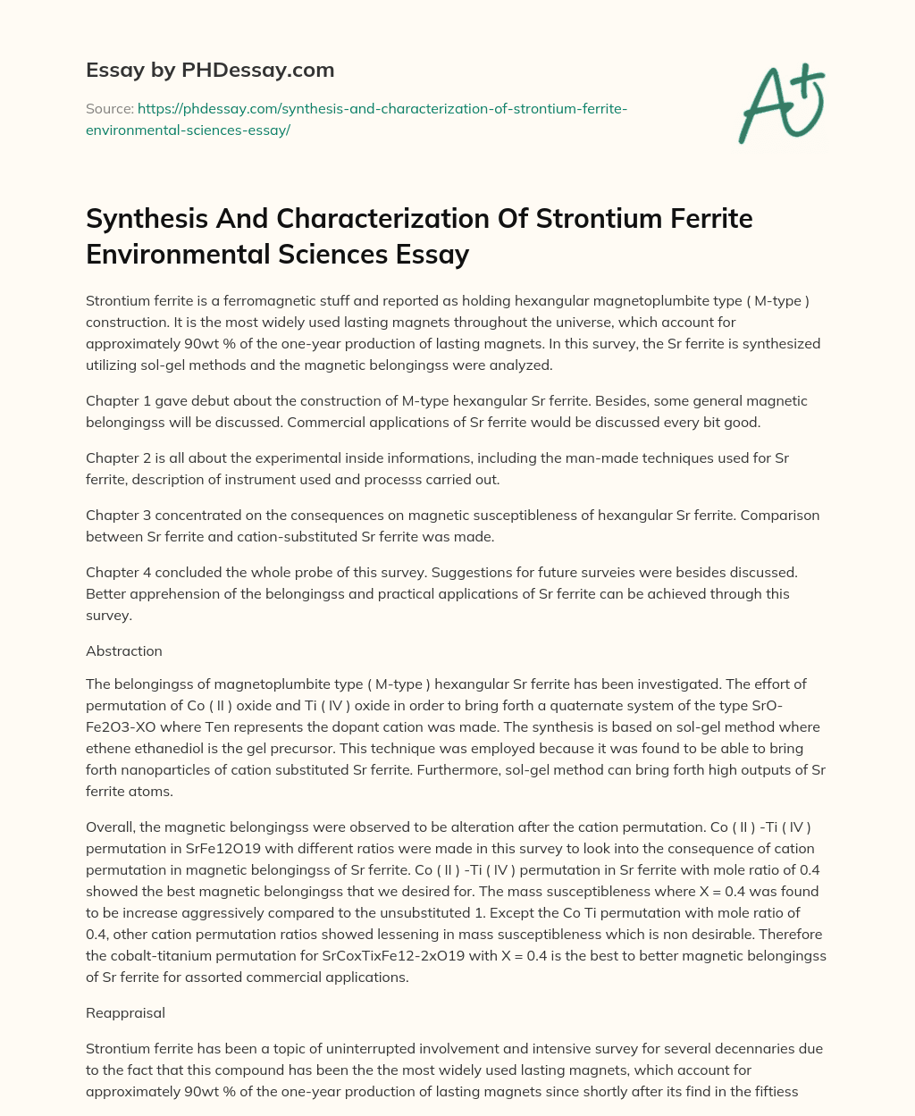 Synthesis And Characterization Of Strontium Ferrite Environmental Sciences Essay essay