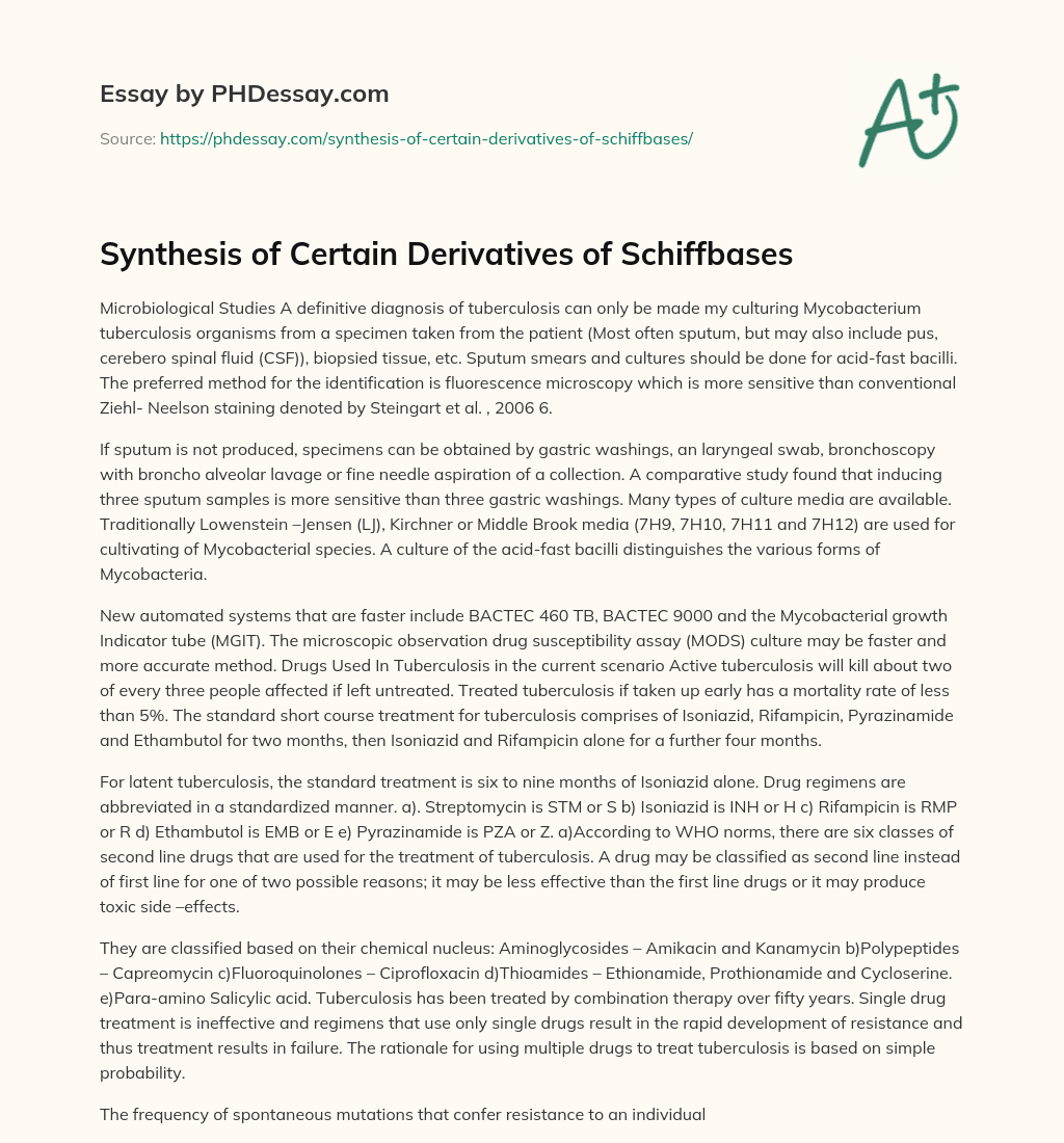 Synthesis of Certain Derivatives of Schiffbases essay