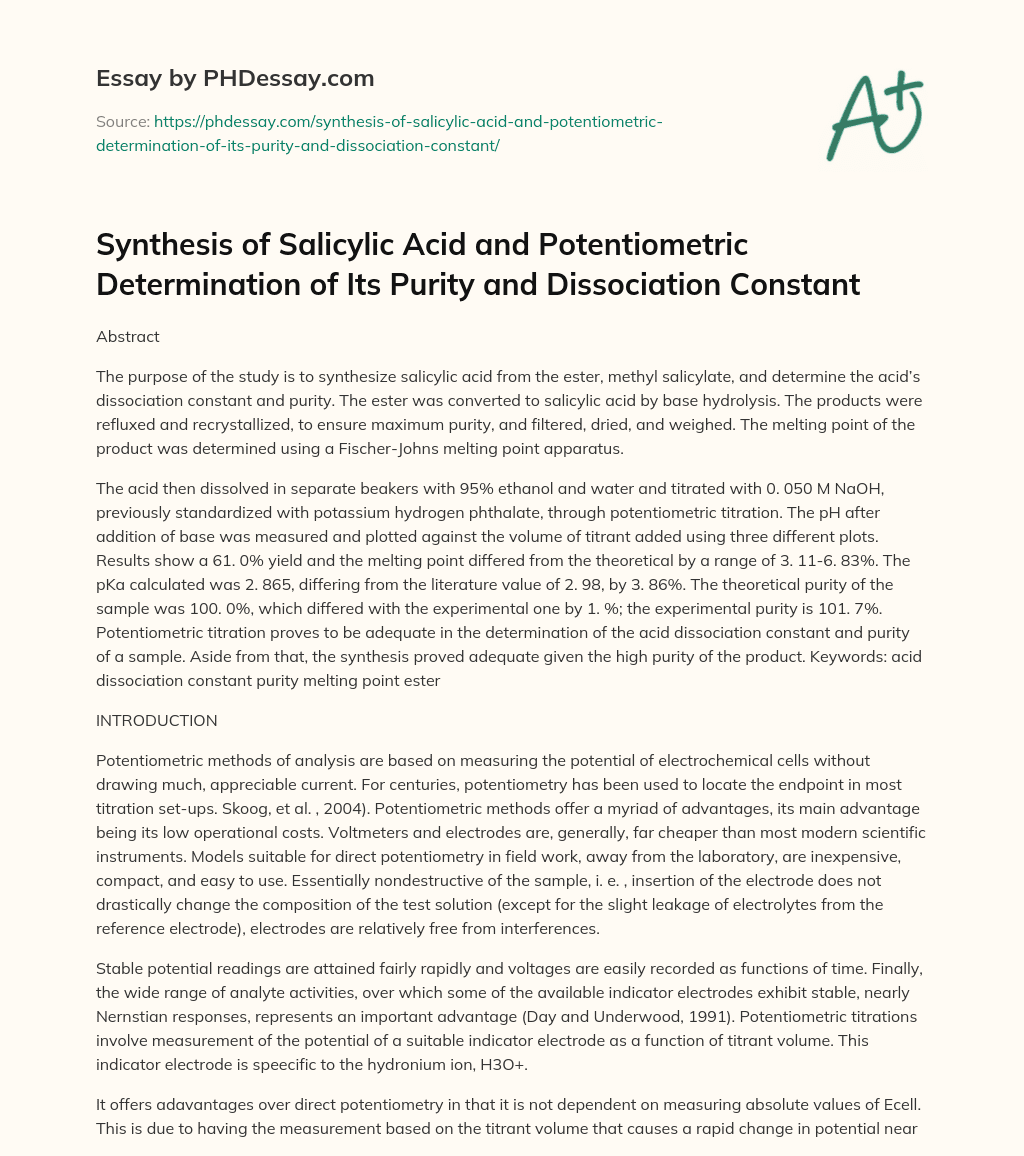 Synthesis of Salicylic Acid and Potentiometric Determination of Its Purity and Dissociation Constant essay