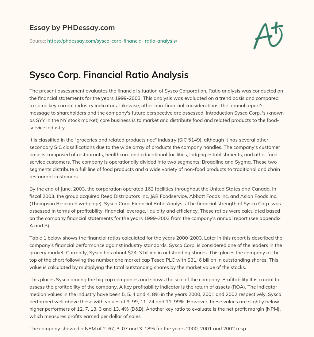 Sysco Corp. Financial Ratio Analysis essay