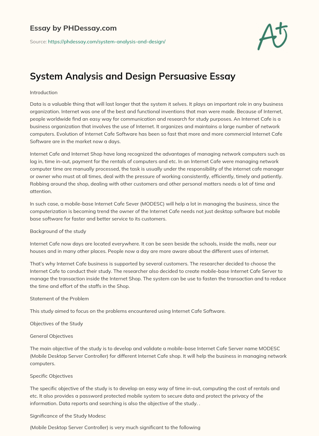System Analysis and Design Persuasive Essay essay