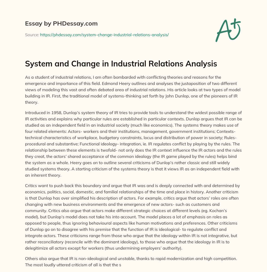 System and Change in Industrial Relations Analysis essay