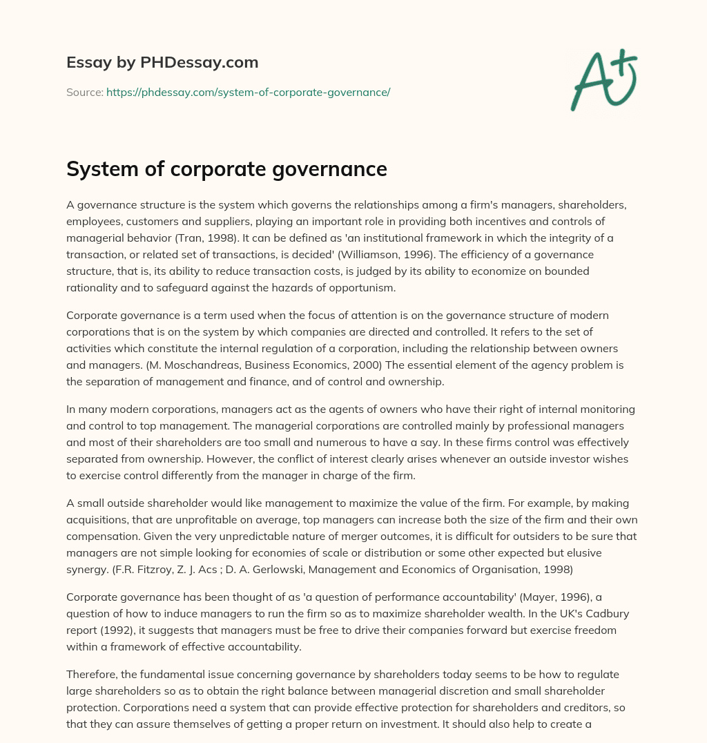 corporate governance essay sample