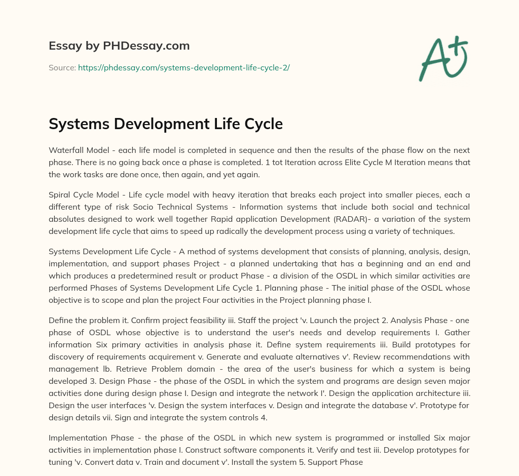 Systems Development Life Cycle essay