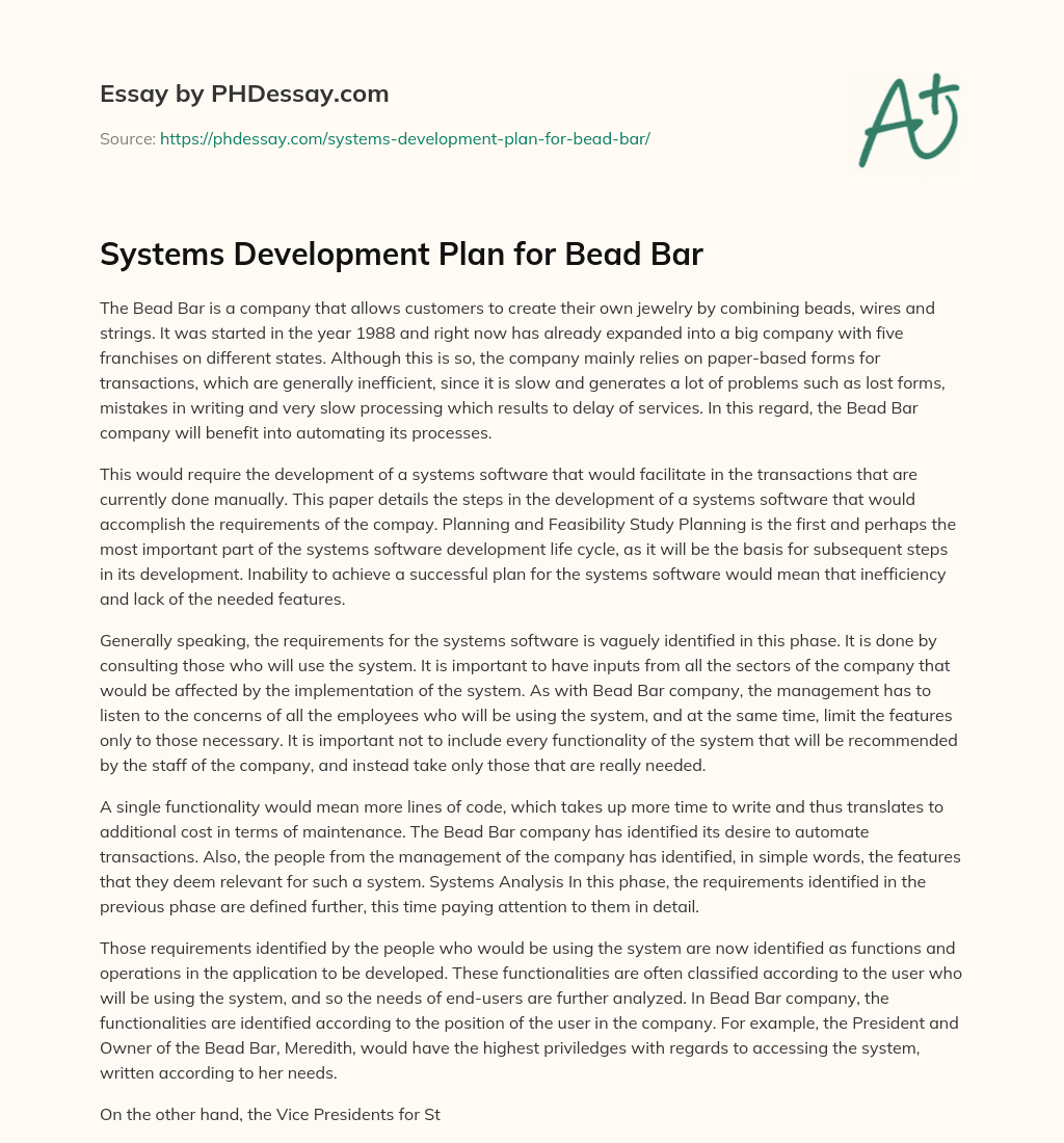 Systems Development Plan for Bead Bar essay