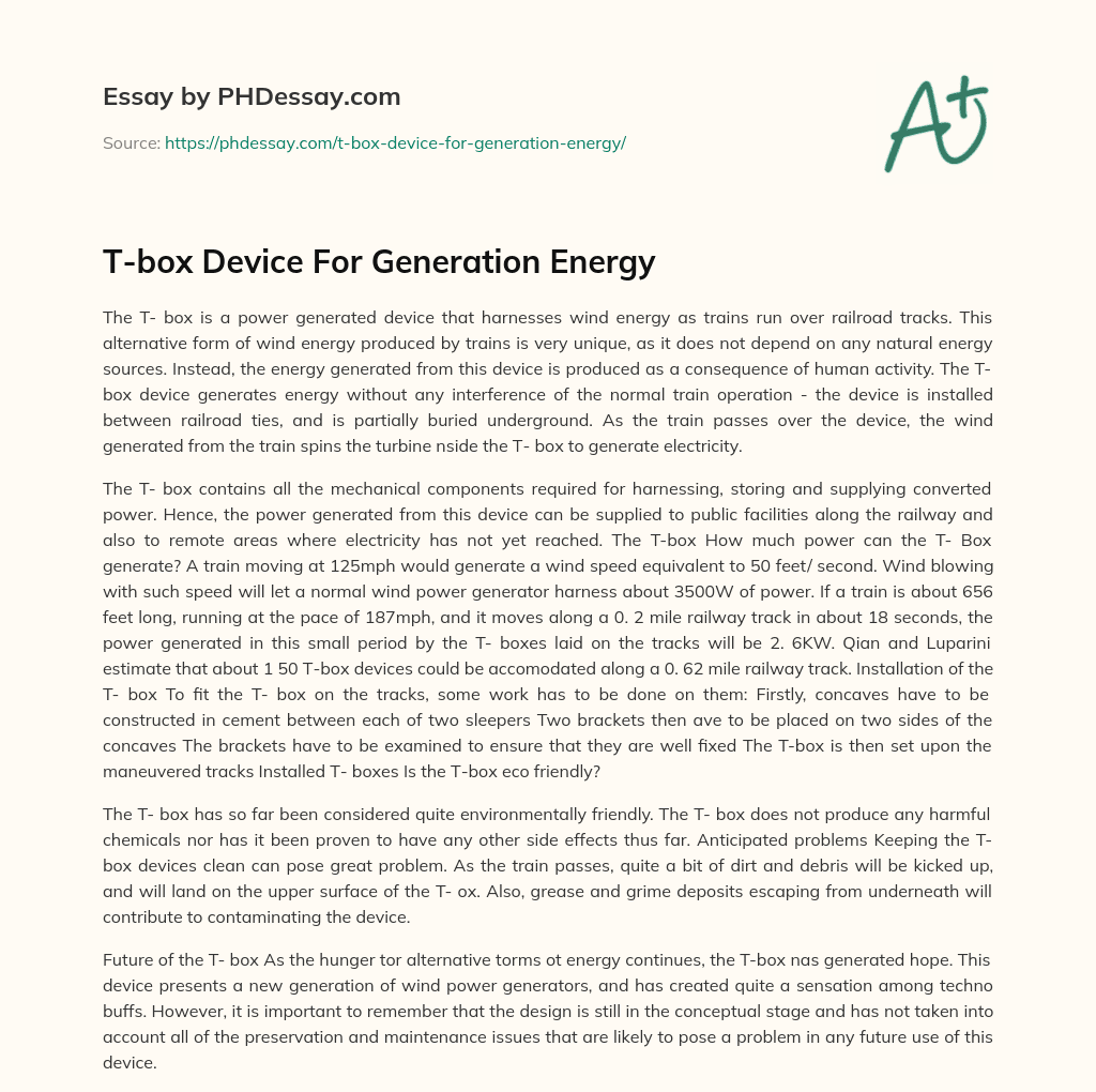 T-box Device For Generation Energy essay