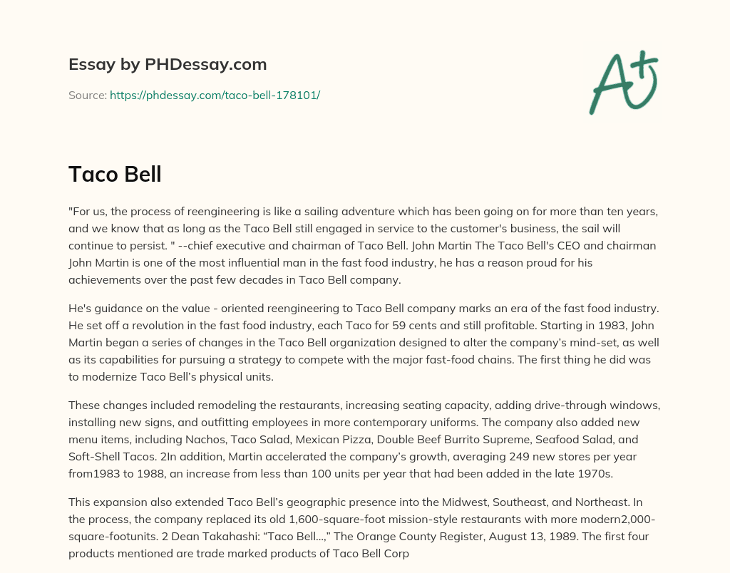 Taco Bell’s Reengineering Revolution: How John Martin Transformed the Fast Food Industry essay