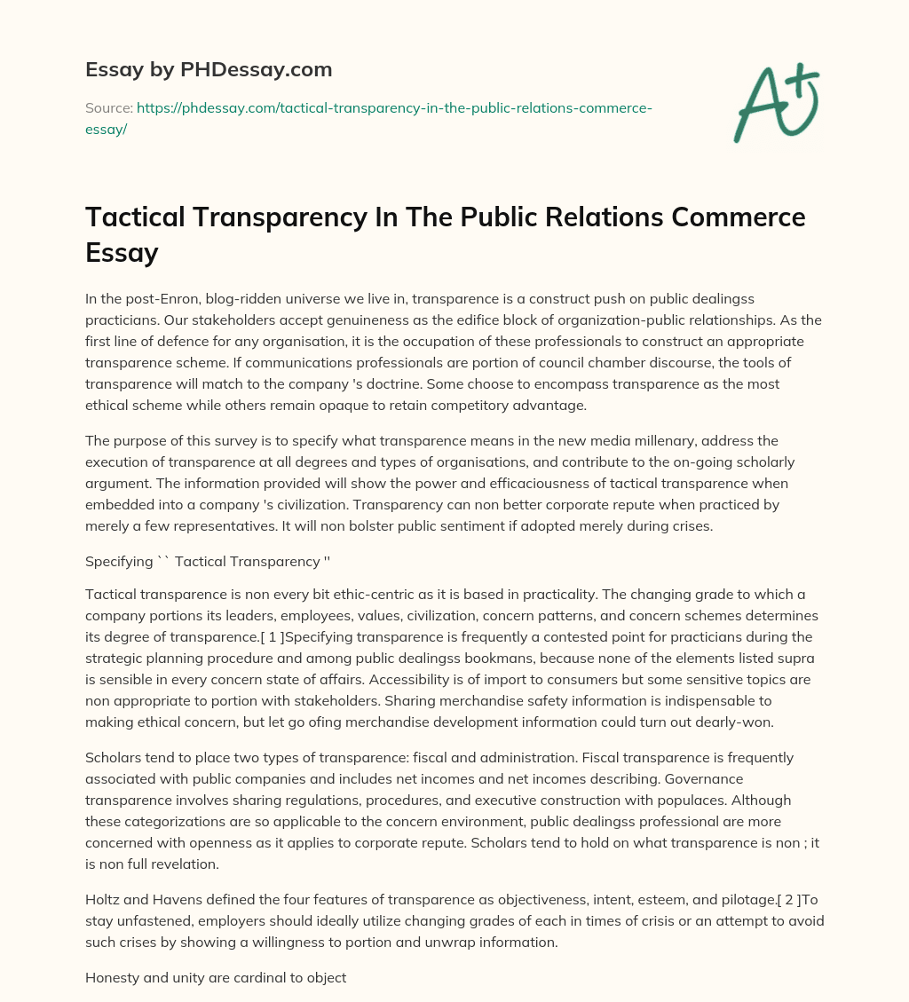 Tactical Transparency In The Public Relations Commerce Essay essay