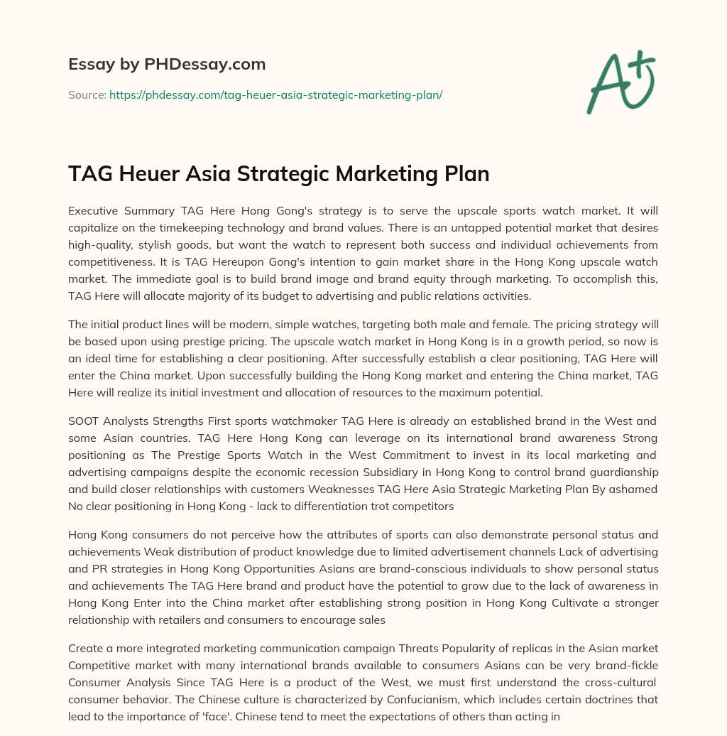 TAG Heuer Asia Strategic Marketing Plan essay