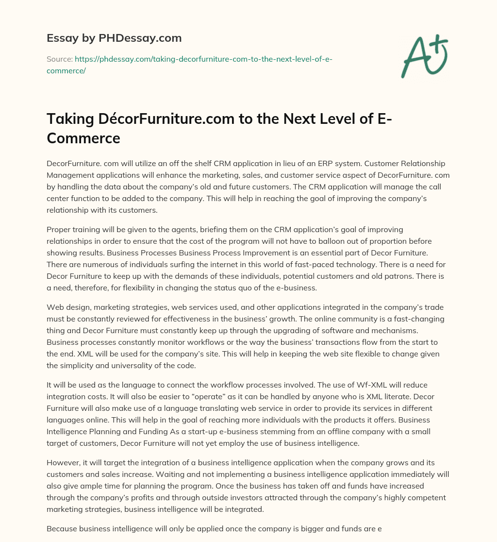 Taking DécorFurniture.com to the Next Level of E-Commerce essay