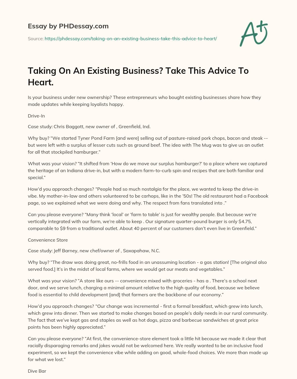 Taking On An Existing Business? Take This Advice To Heart. essay