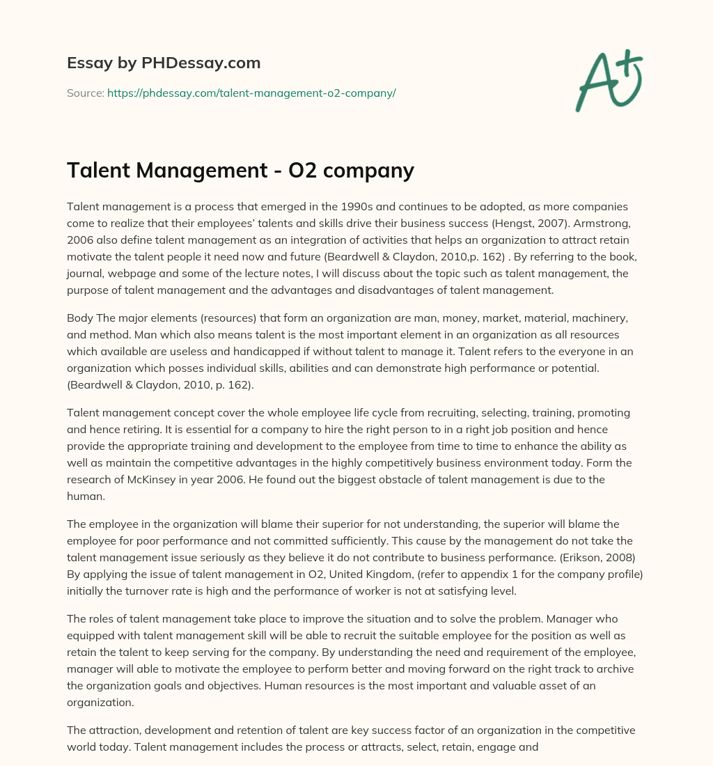 Talent Management – O2 company essay