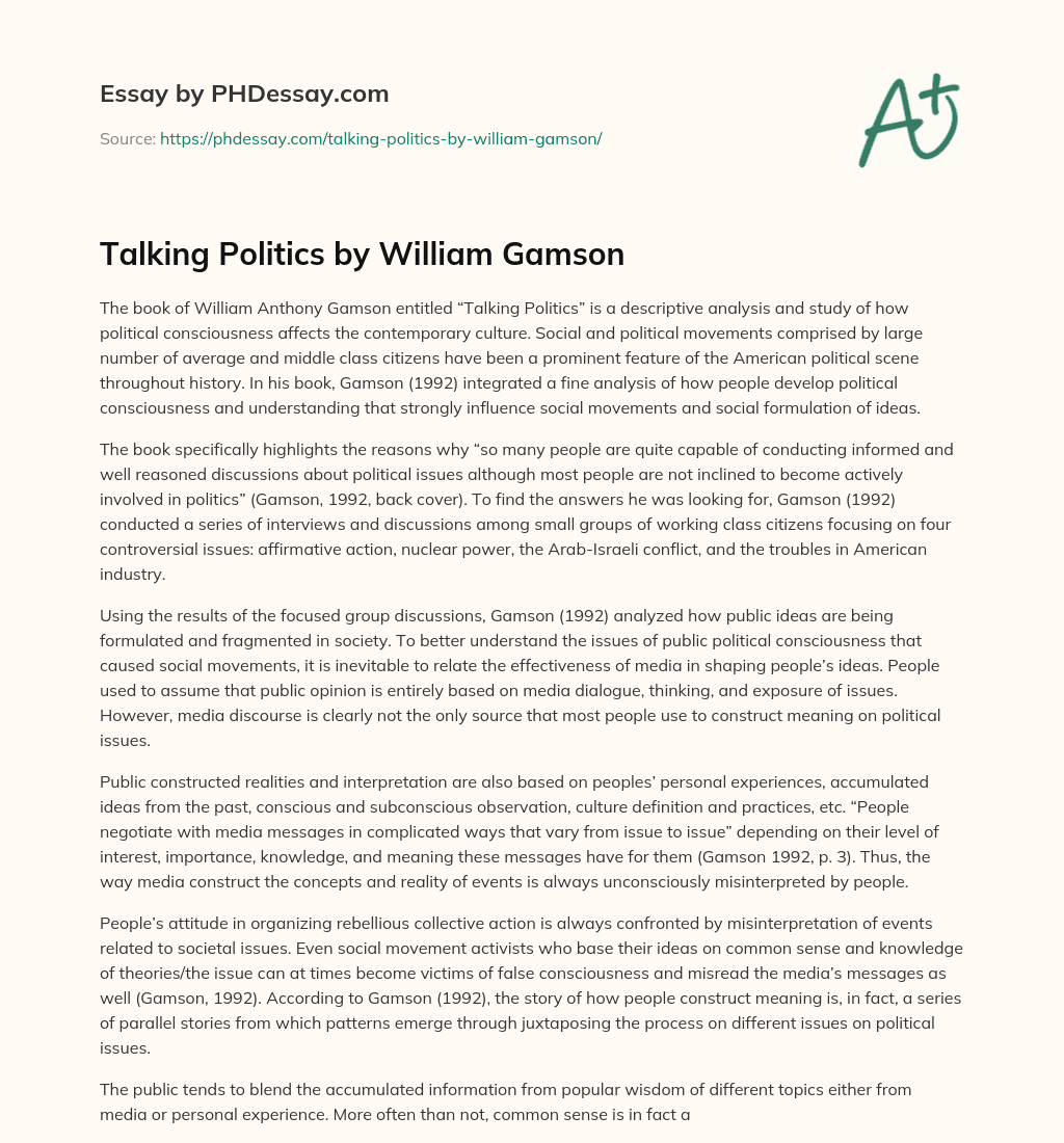 Talking Politics by William Gamson essay