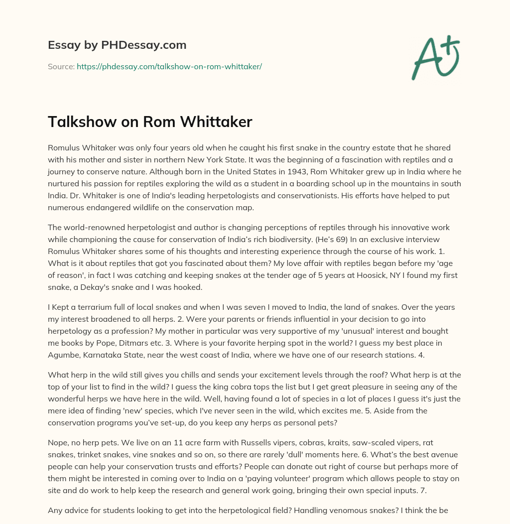 Talkshow on Rom Whittaker essay