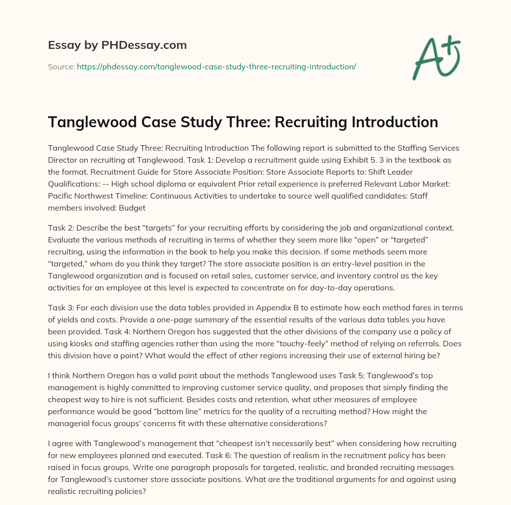 Tanglewood Case Study Three: Recruiting Introduction essay